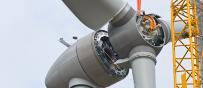 Close up of assembling a wind turbine